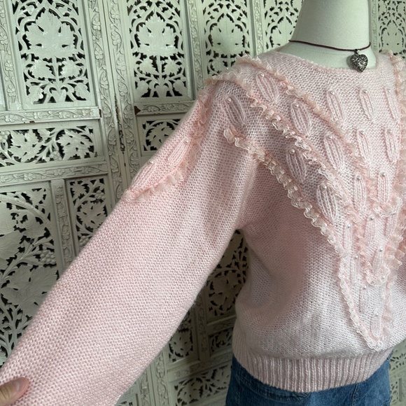 Vintage Debra Martin Baby Pink Lace Pearl Coquette Sweater Sz Small - Picture 4 of 7